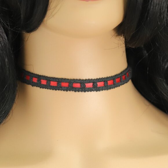 Lace Gothic Choker Adjustable Length Black with Red trim (#73) - Picture 1 of 8